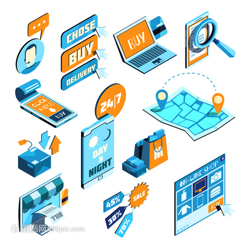 電子商務(wù) 等距設(shè)計(jì)下的藍(lán)色與黃色世界